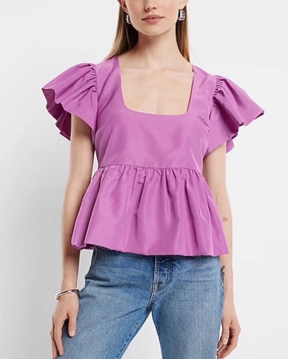 Express Purple Ruffle Sleeve Peplum Top – Size S